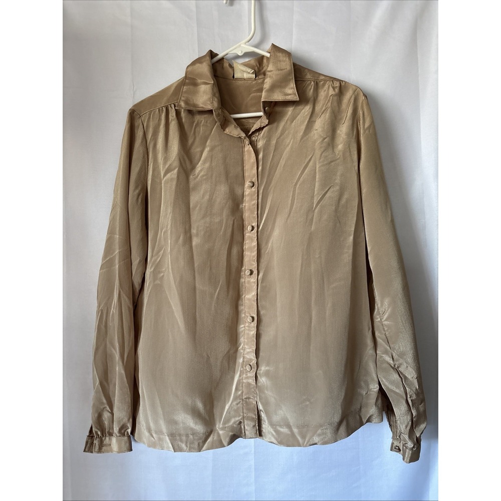 Vintage 70's Panther Brand Tan Button Down Blouse Women's Polyester‎ Sheer 15-16